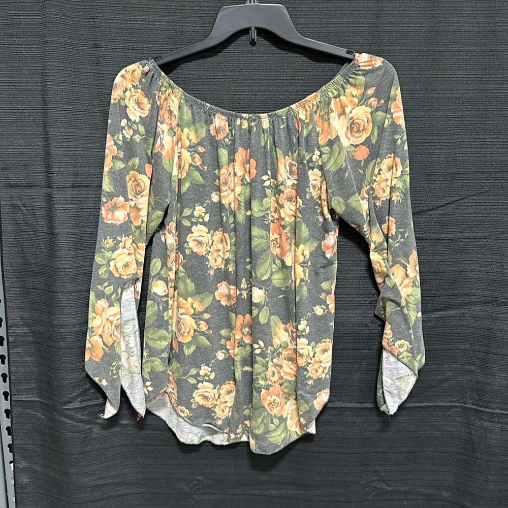 Cacia women’s off the‎ shoulder floral flowy sleeves scoop bottom top -Size M
